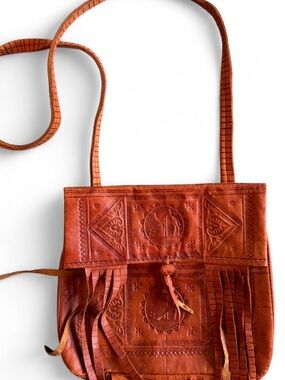 Moroccan Leather Fringe Bag w Camel design & fringe detail